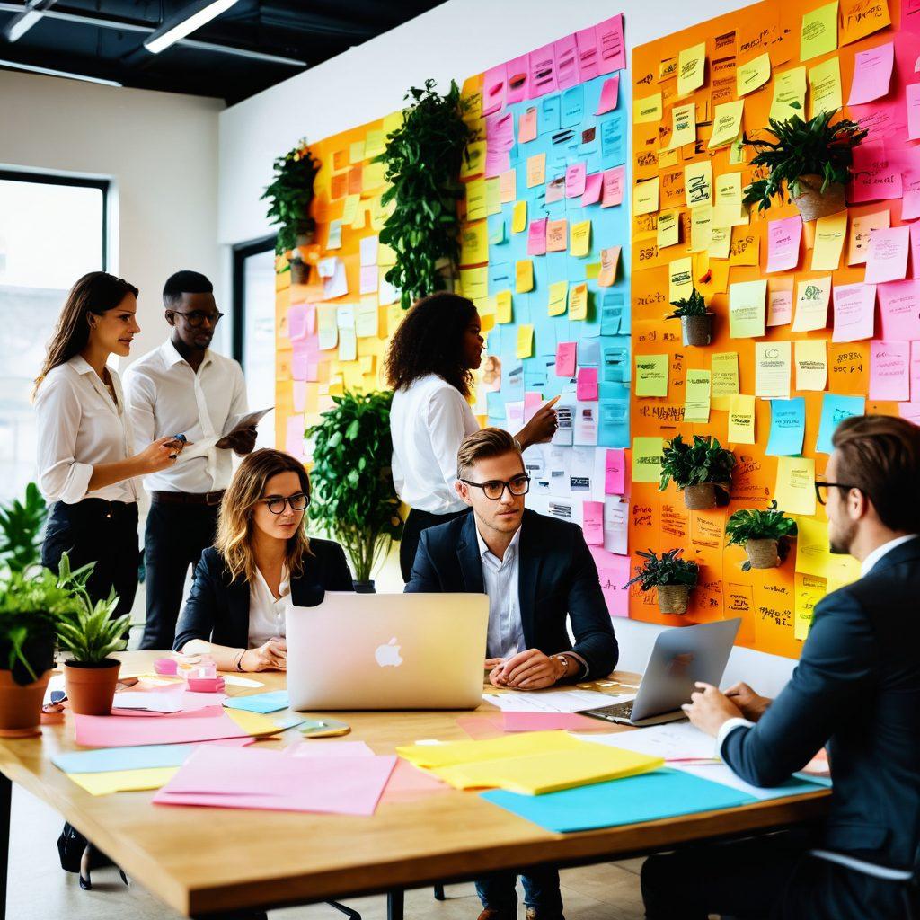A dynamic scene depicting a diverse group of marketers brainstorming over colorful sticky notes in a bright, modern office filled with plants. Show inspirational brand-related visuals on the walls, a whiteboard filled with innovative ideas, and a laptop displaying vibrant marketing graphs. The atmosphere should be lively and collaborative, capturing the essence of creativity and strategy in brand marketing. super-realistic. vibrant colors. modern style.