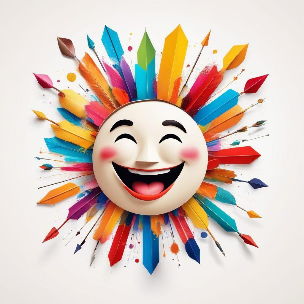 A vibrant and colorful collage illustrating a joyful brand identity, featuring elements like a smiling face, bright logos, and engaging marketing strategies depicted as playful graphics like arrows, charts, and lightbulbs. The background should be dynamic with splashes of color that evoke happiness and excitement, showcasing creativity in branding. super-realistic. vibrant colors. white background.