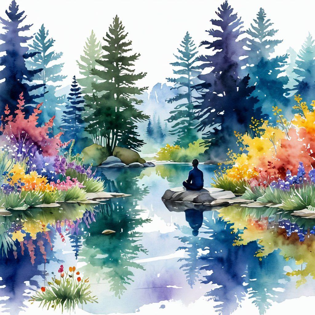 A serene landscape featuring a tranquil pond surrounded by vibrant wildflowers, with a silhouette of a person meditating on a rock, embodying peace and mindfulness. Incorporate elements representing branding, such as subtle logo designs floating on the water's surface or in the foliage. The atmosphere should evoke a sense of harmony and creativity essential for building a brand persona. watercolor painting style. vibrant colors. soft focus.